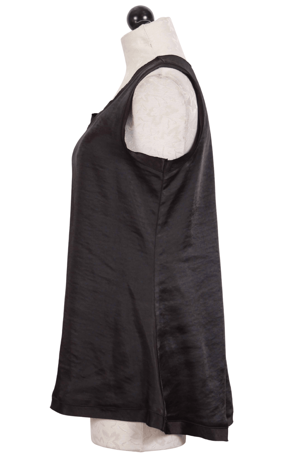 side view of black Sateen Shirtail Tank by Planet