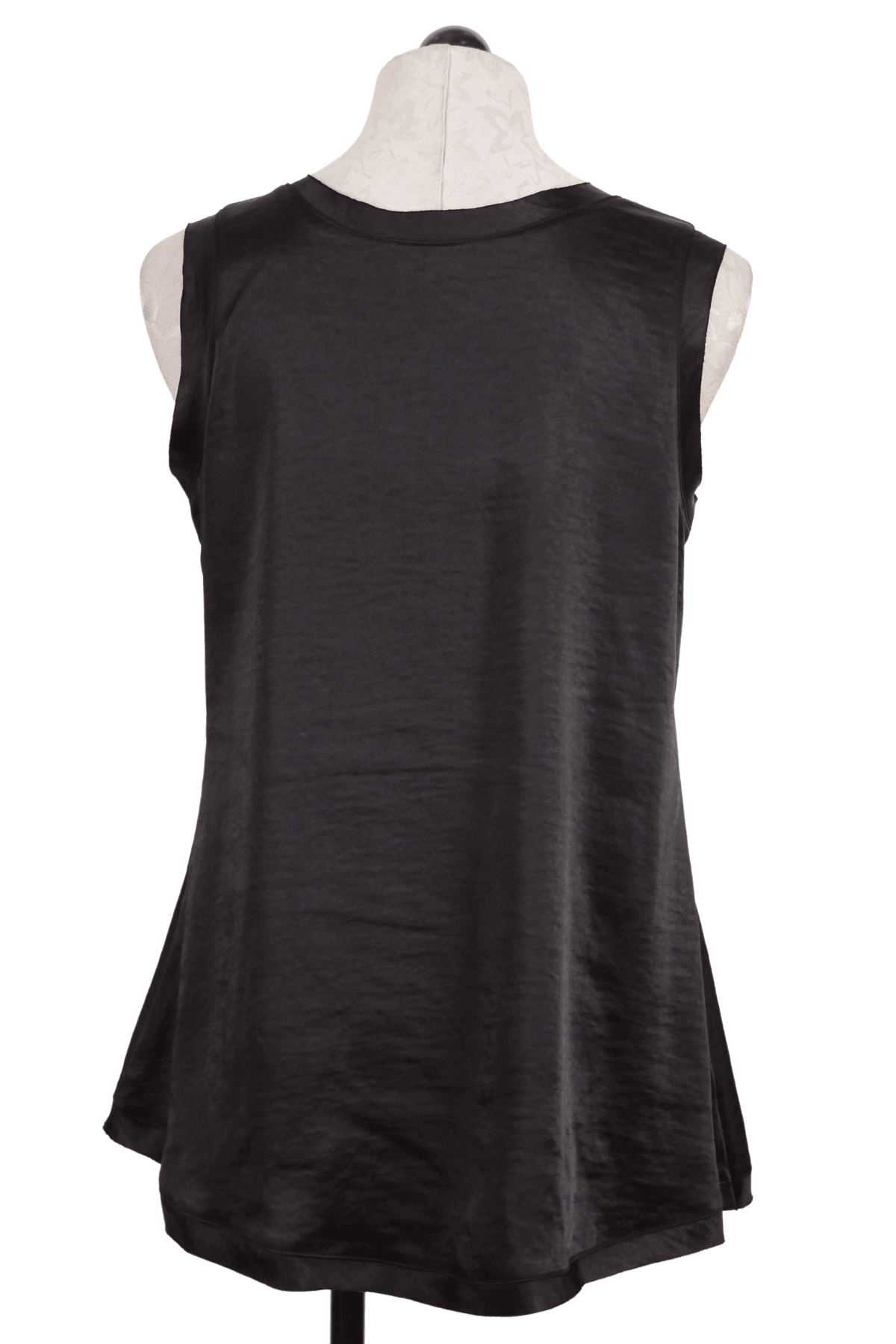 back view of black Sateen Shirtail Tank by Planet