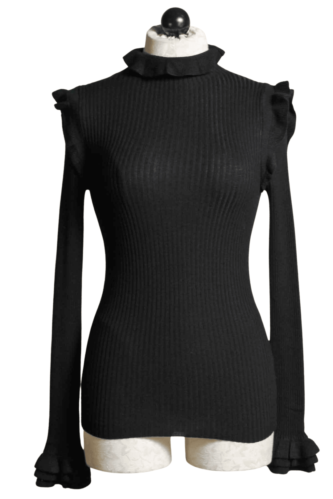 Black ribbed Turtleneck by Marie Oliver with tiny ruffle shoulder neckline and bottom of sleeve