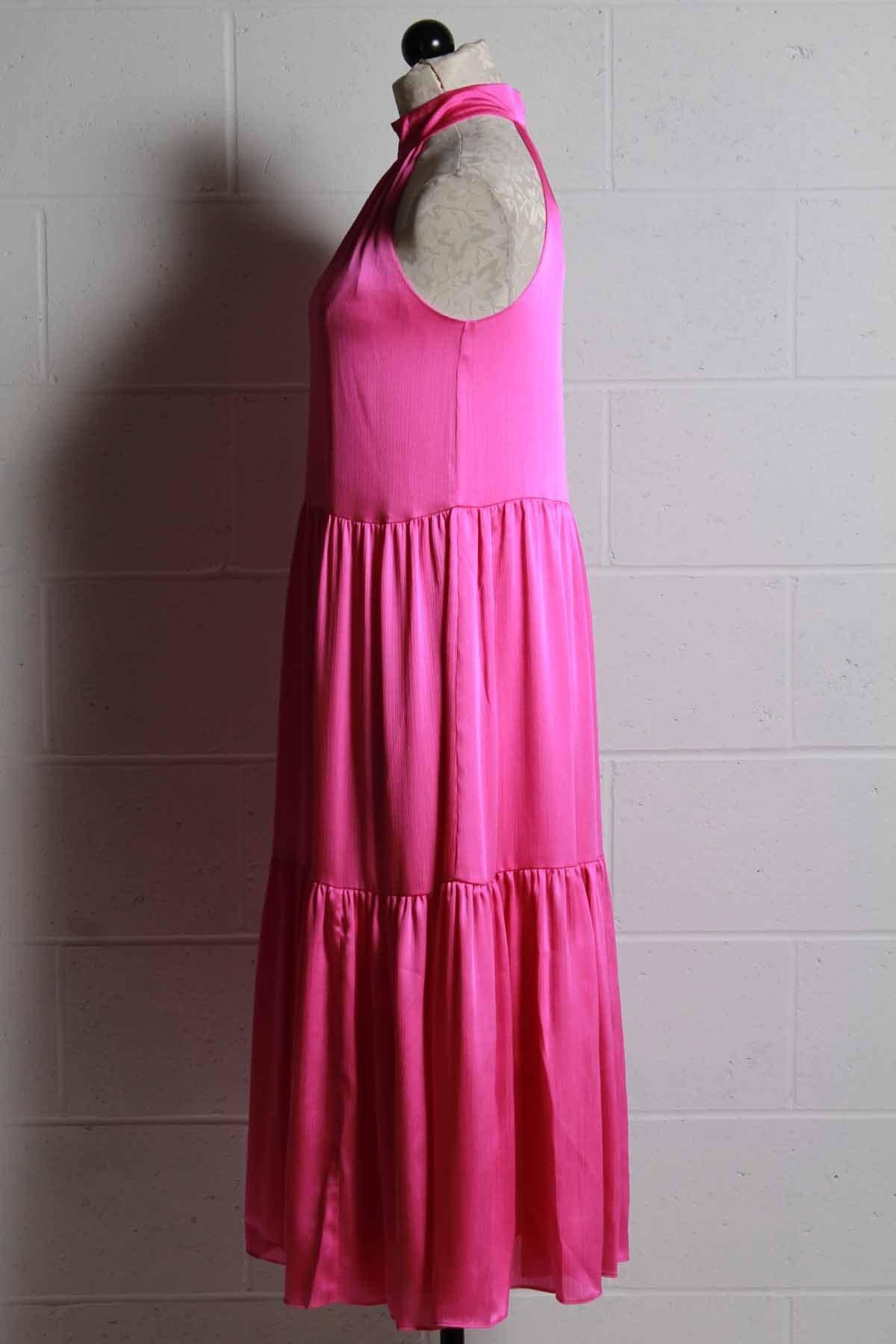 side view fuschia sleeveless high banded neck tiered midi length dress