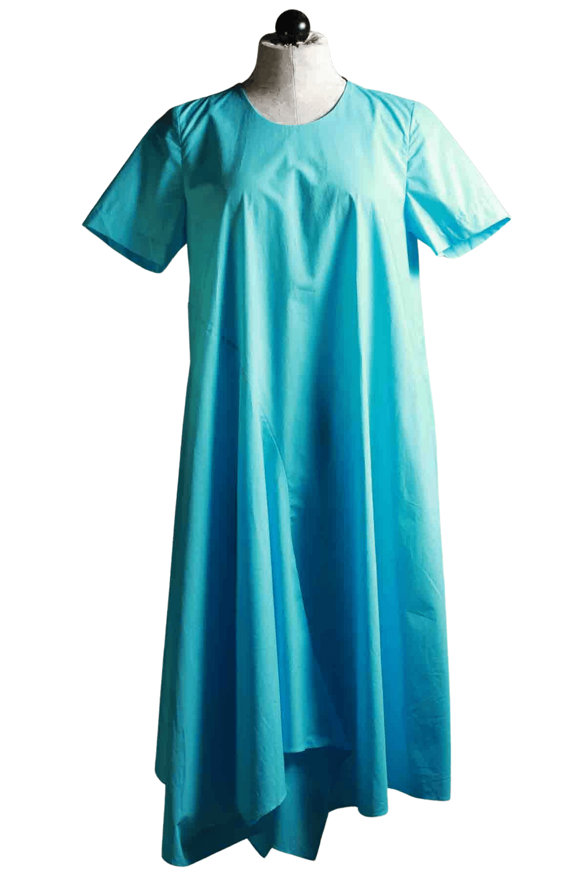 Cyan blue Short Sleeve Cotton Asymmetrical Hem Dress by JNBY