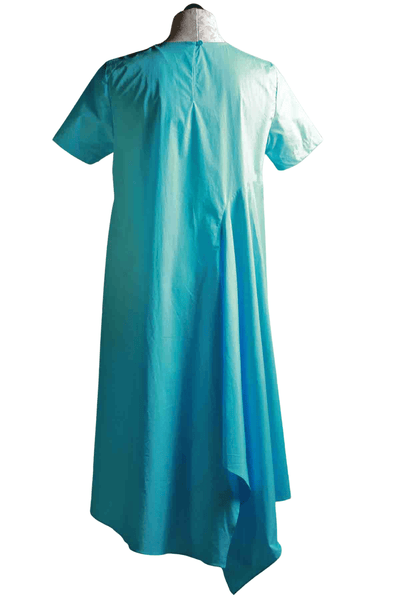 back view of Cyan blue Short Sleeve Cotton Asymmetrical Hem Dress by JNBY