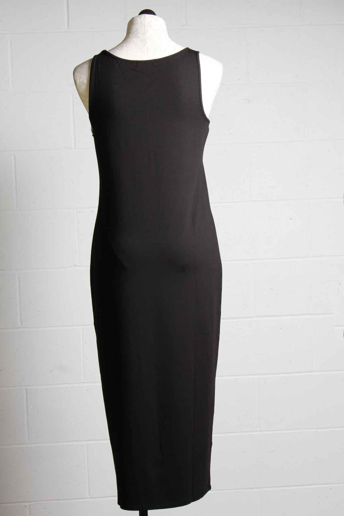 back view of Black sleeveless midi length Core travel dress by Habitat