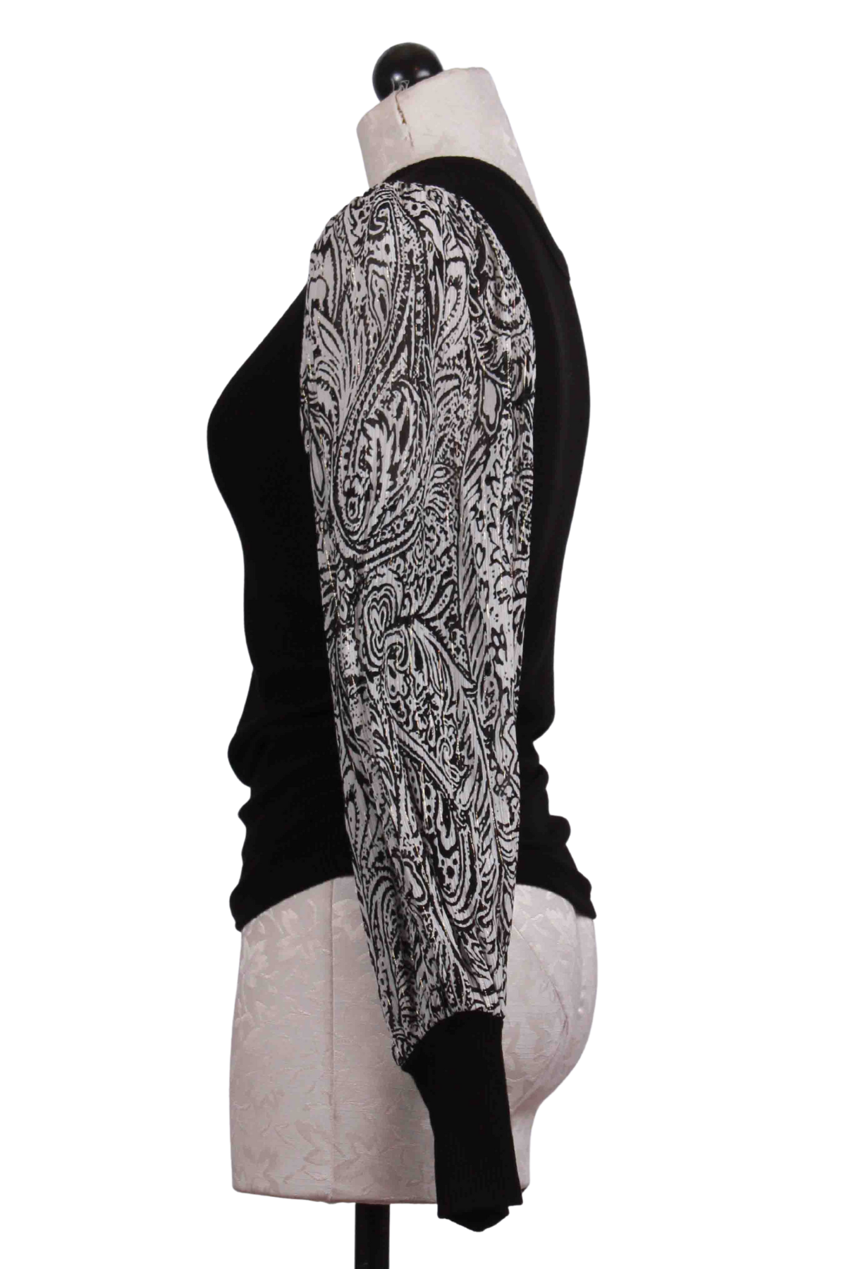 side view of Black Ribbed Body Top by Sheer Paisley Sleeves by Fifteen Twenty