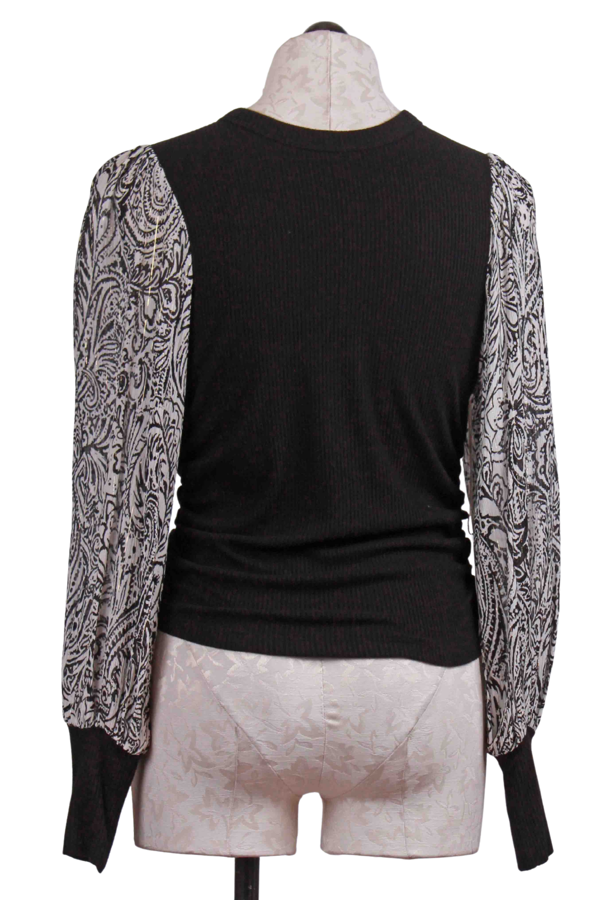 back of Black Ribbed Body Top by Sheer Paisley Sleeves by Fifteen Twenty