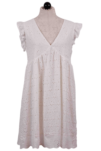 white Sleeveless V Neck Eyelet Dress by Apricot with ruffle shoulders