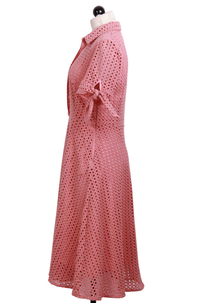 side view of pink Tie Sleeve Eyelet Dress by The Korner