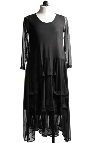 black Lined Mesh Dress by Reina Lee with Ruched Skirt and Sheer 3/4 Sleeves