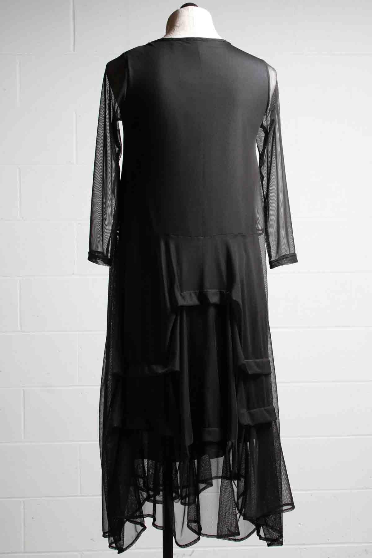 back view of black Lined Mesh Dress by Reina Lee with Ruched Skirt and Sheer 3/4 Sleeves