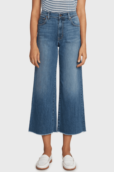High Rise Nomad Jean with a cropped wide leg in the Medium Turn the Tide Vintage Wash by Principle Denim