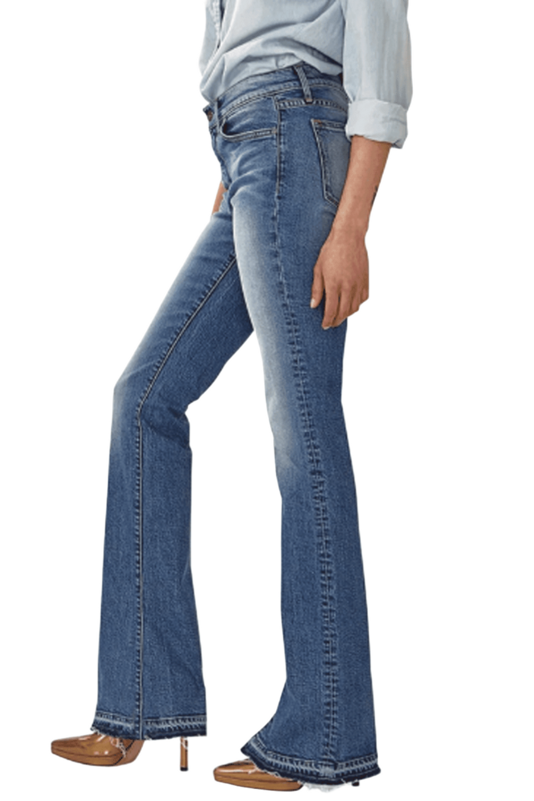 Hi-Rise Boot Style Jean in the medium Good Times Wash by Principle Denim with a released hem