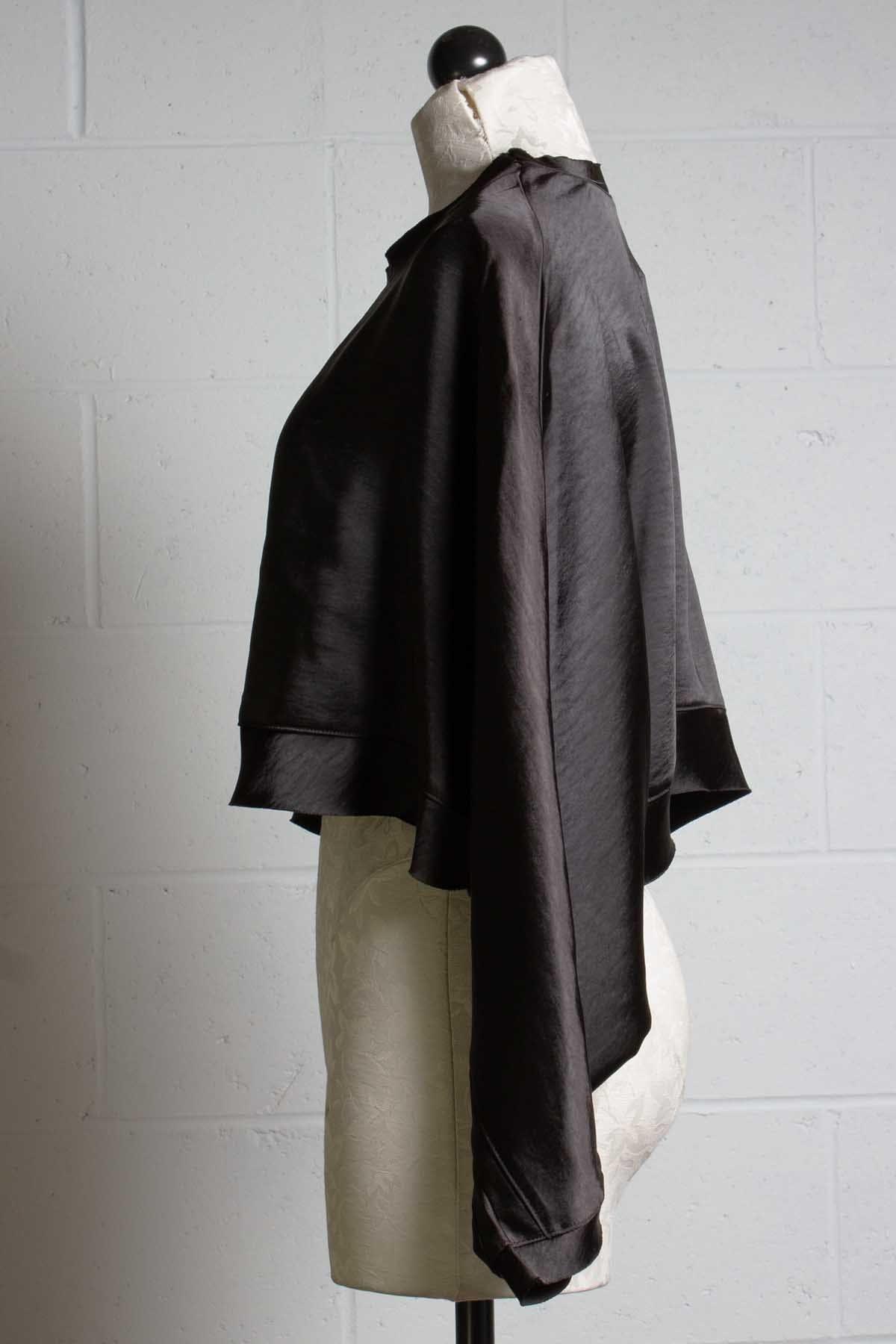 side view of Black Silky Cropped Shrug Top by Planet