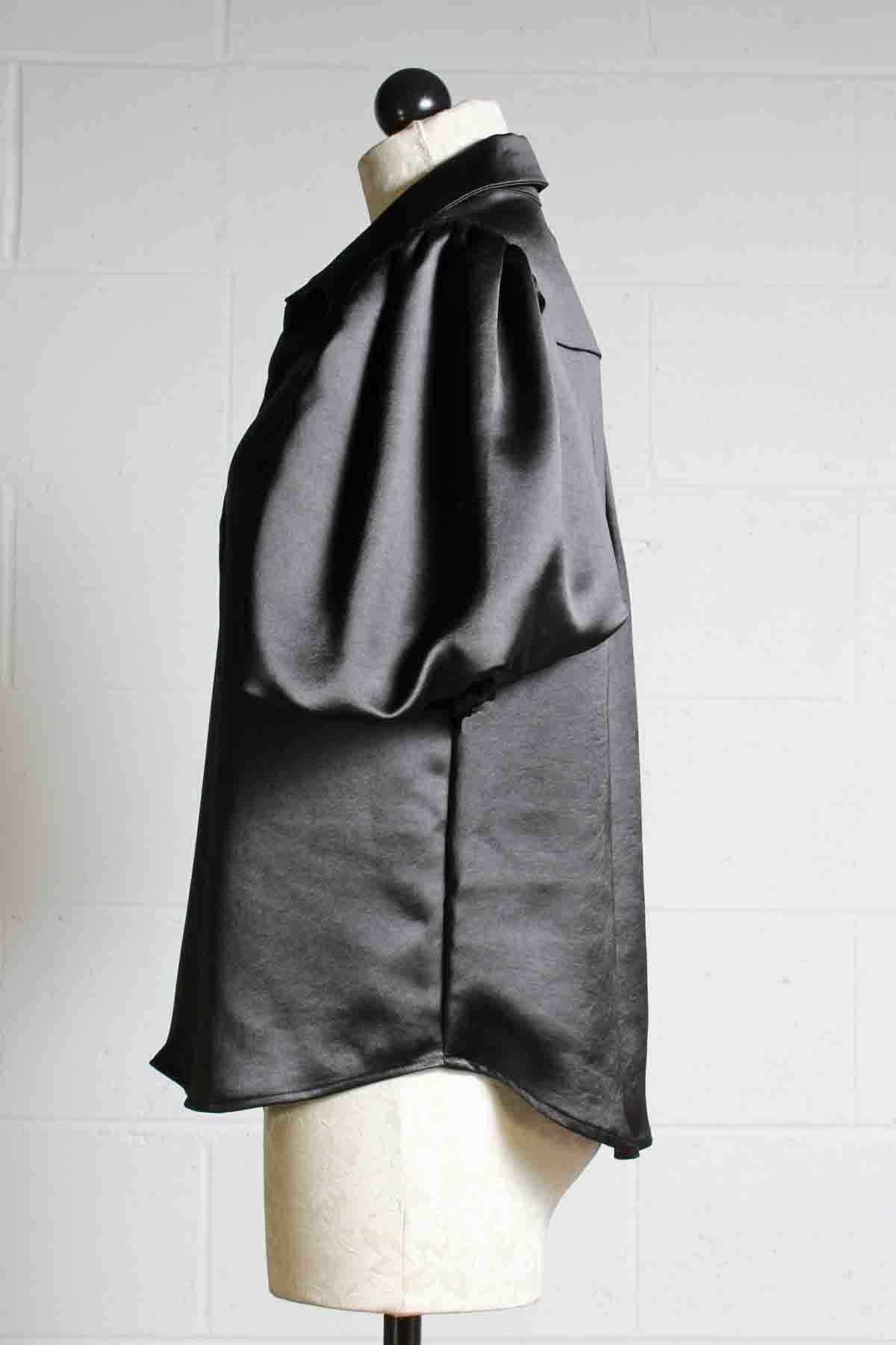 side view of Black Vintage Heavy Satin Short Puff Sleeve Button Down Top by Fifteen Twenty