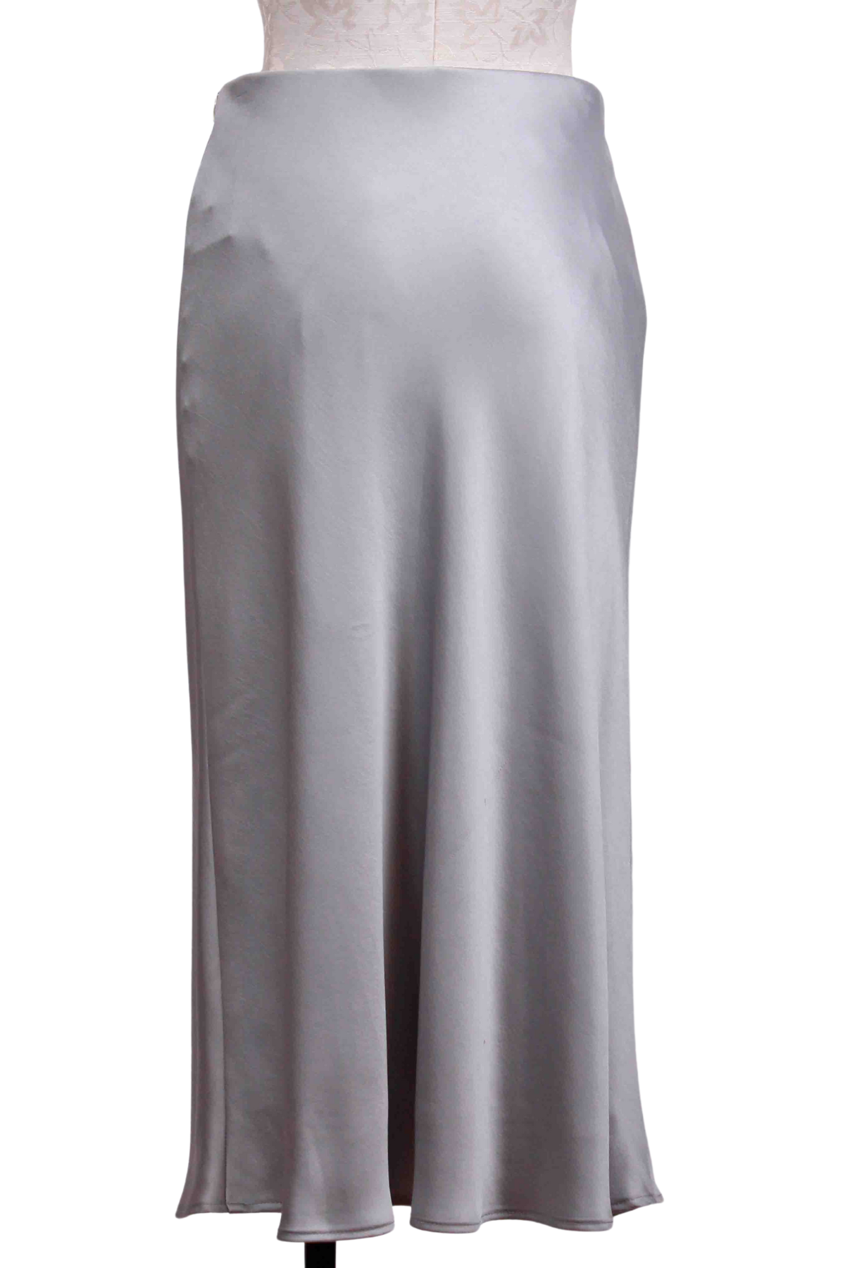 back view of Silver Satin Bias Cut Midi Skirt by Fifteen Twenty