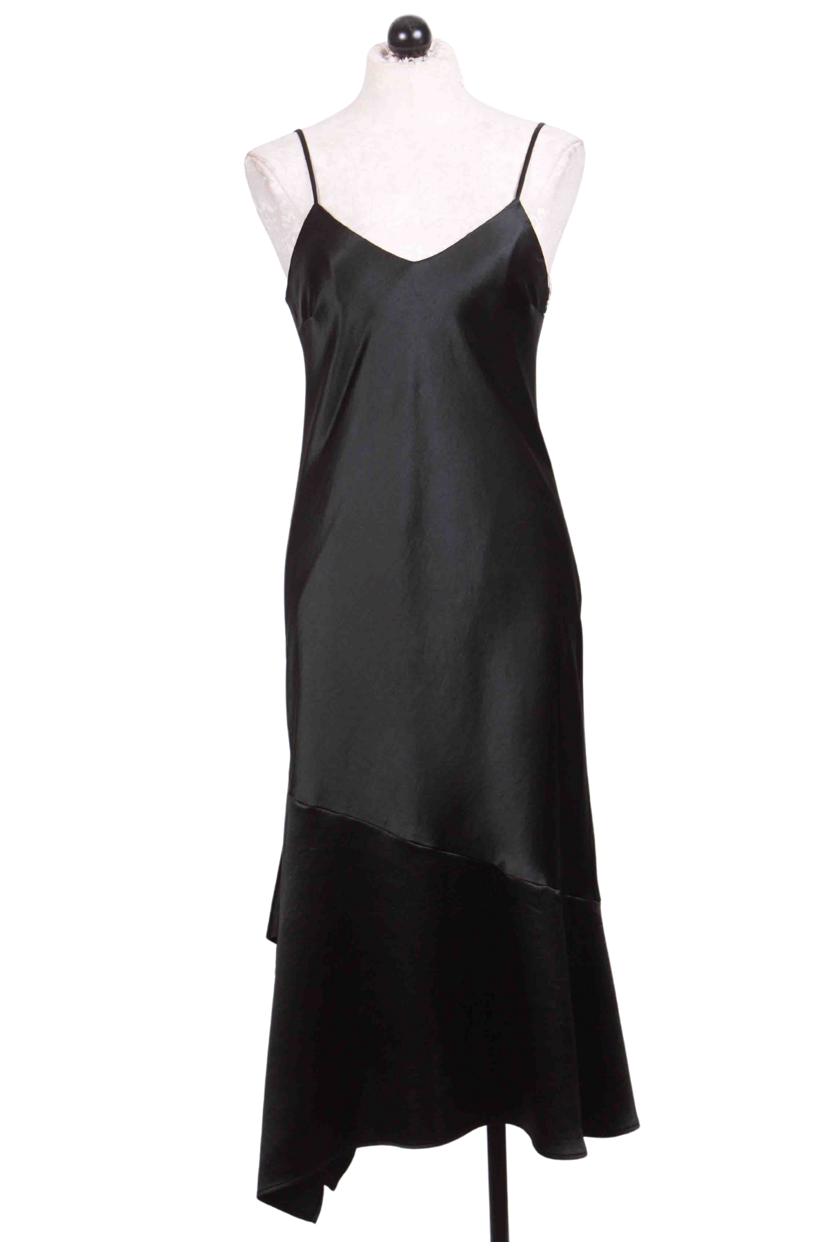 black Satin Asymmetric Hem Midi Dress by Fifteen Twenty