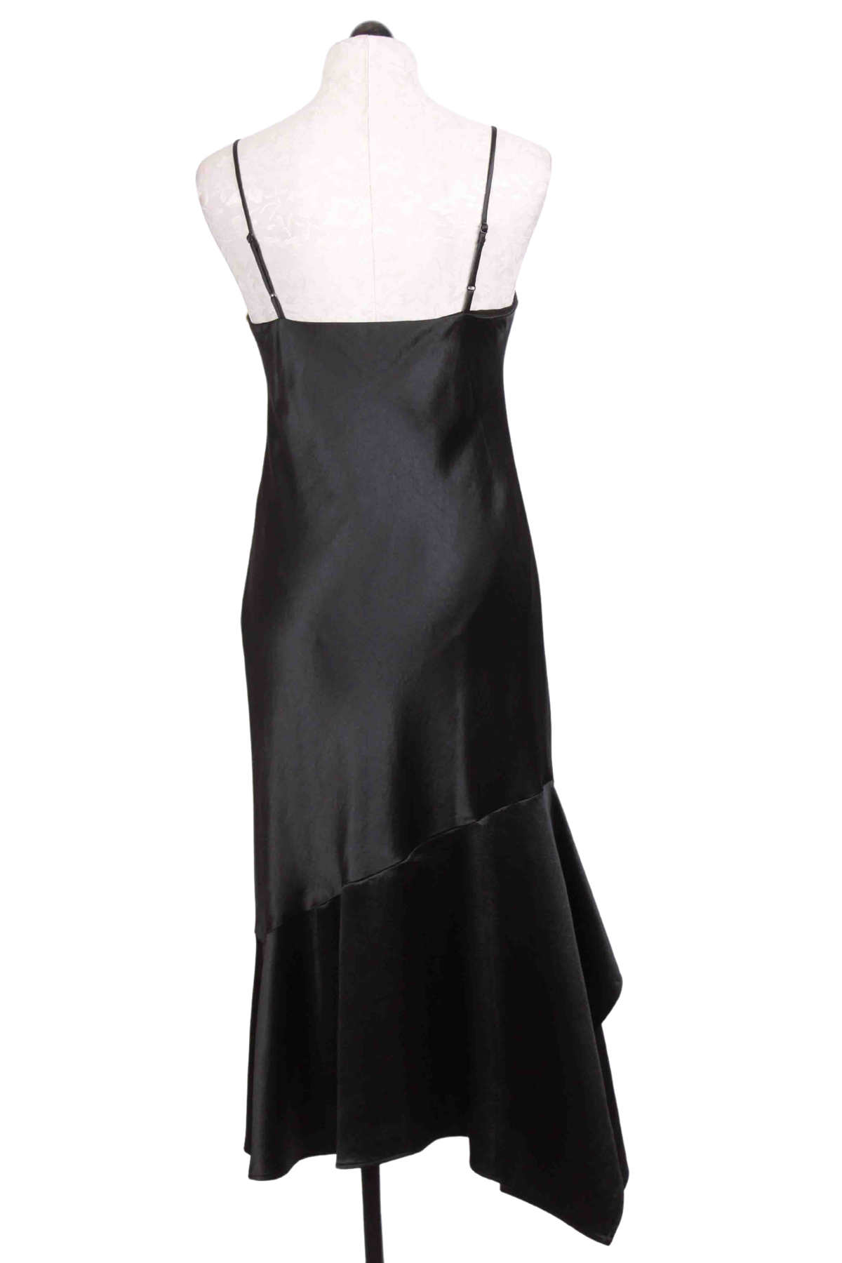back view of black Satin Asymmetric Hem Midi Dress by Fifteen Twenty