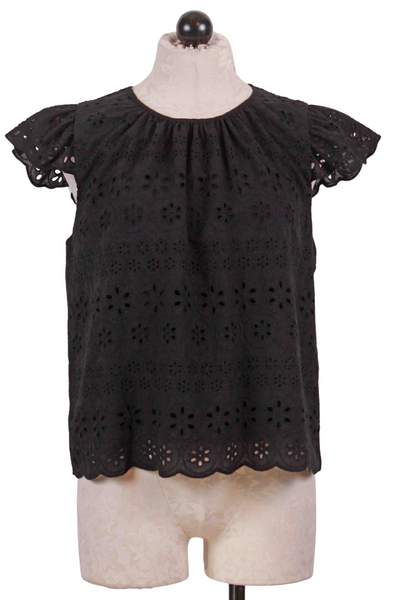 Black Cropped Sleeveless Eyelet Top by Apricot with Ruffled Shoulders