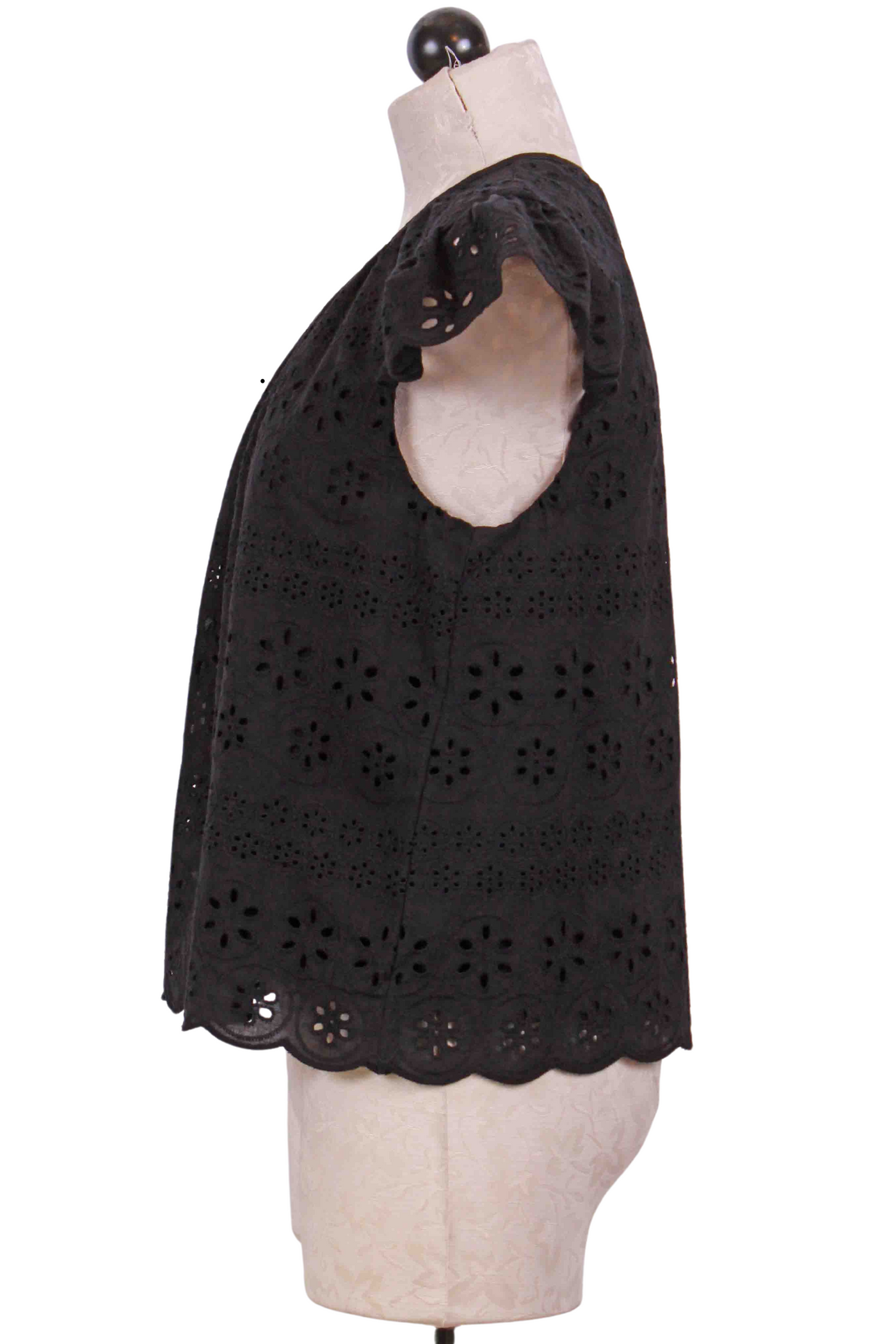 side view of Black Cropped Sleeveless Eyelet Top by Apricot with Ruffled Shoulders