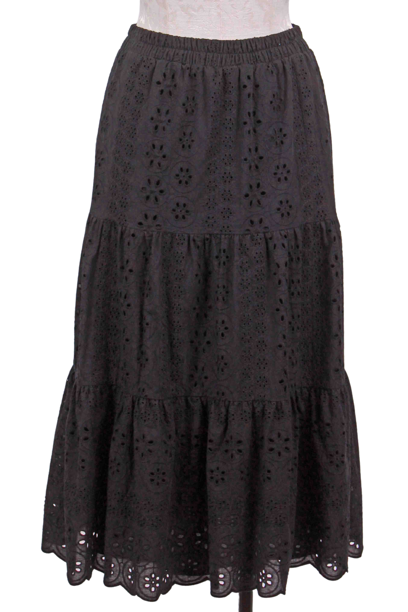 black Tiered Eyelet Midi Length Skirt by Apricot with an elastic waist