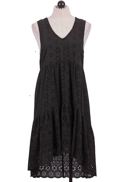 black Cotton Sleeveless Tiered Eyelet V Neck Dress by Apricot