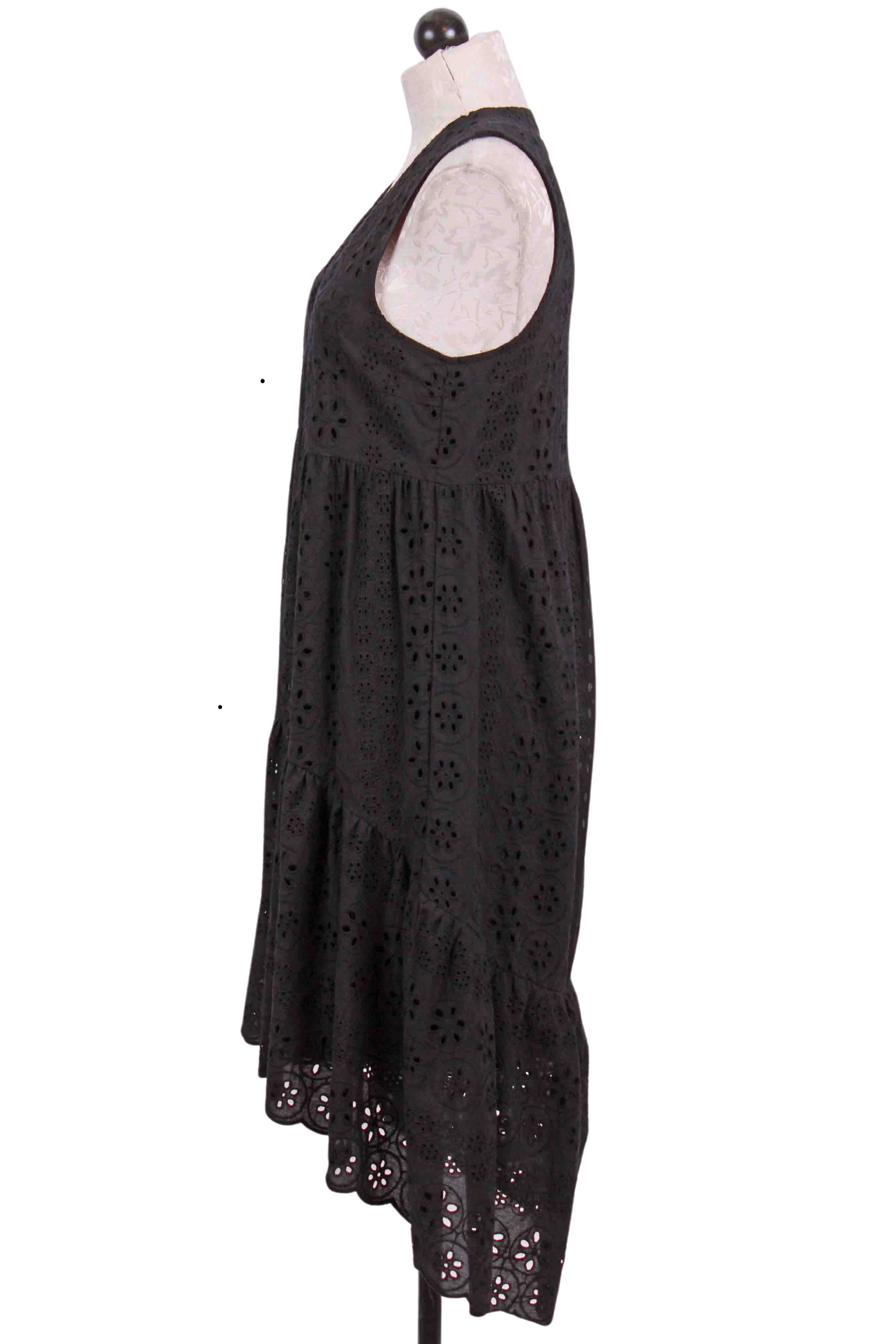 side view of black Cotton Sleeveless Tiered Eyelet V Neck Dress by Apricot