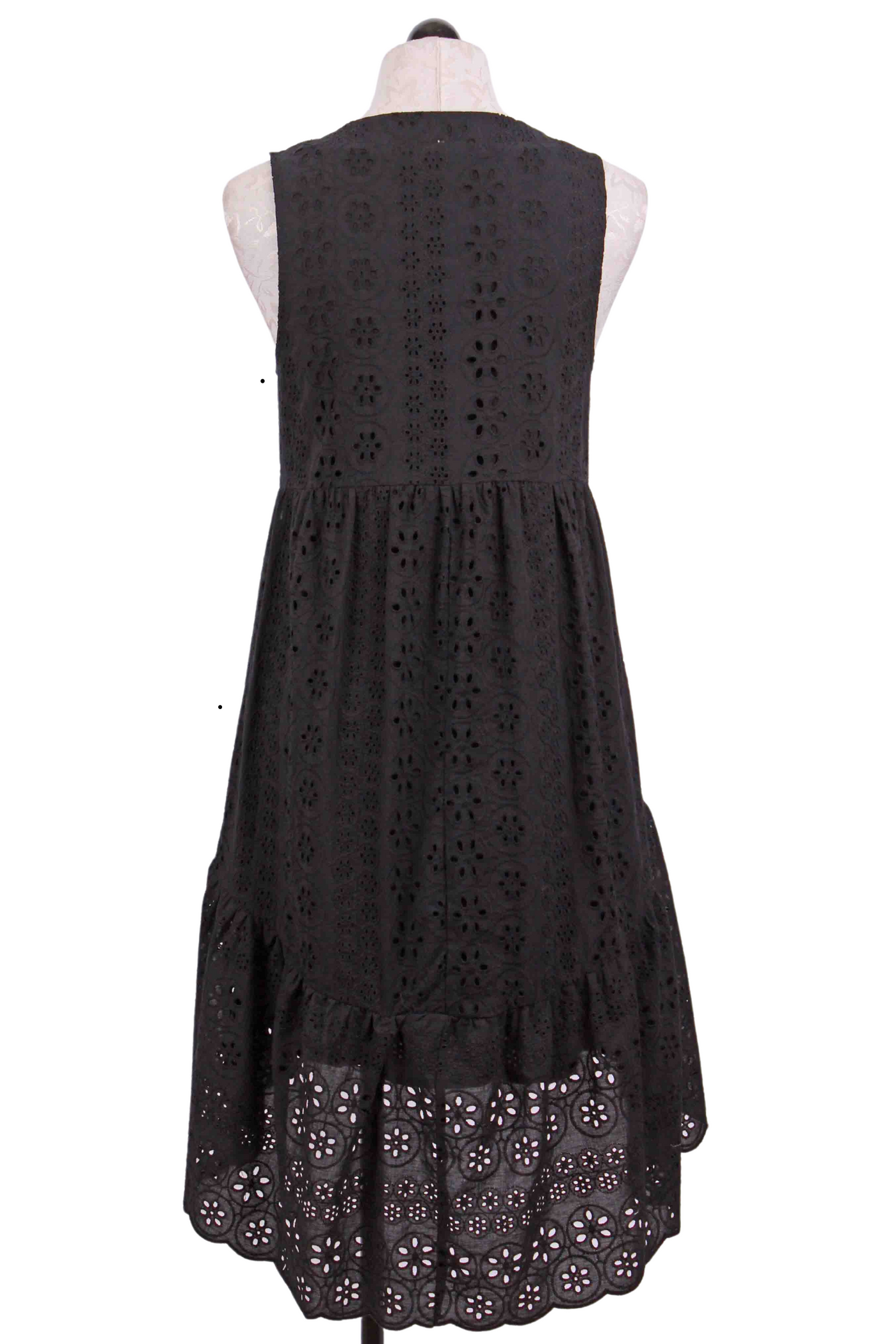 back view of black Cotton Sleeveless Tiered Eyelet V Neck Dress by Apricot
