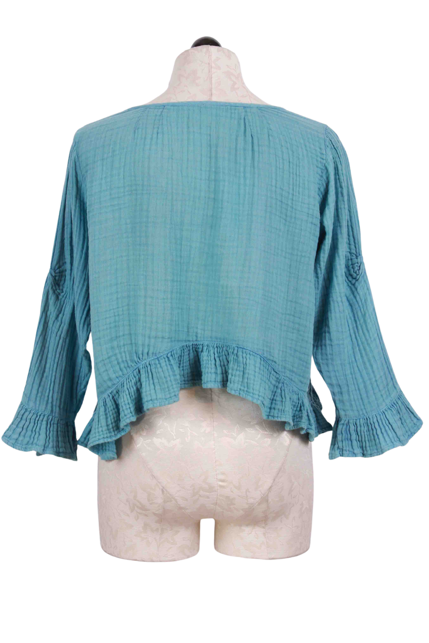 back view of blue Hi-Low Ruffle Cropped Jacket by Paper Lace