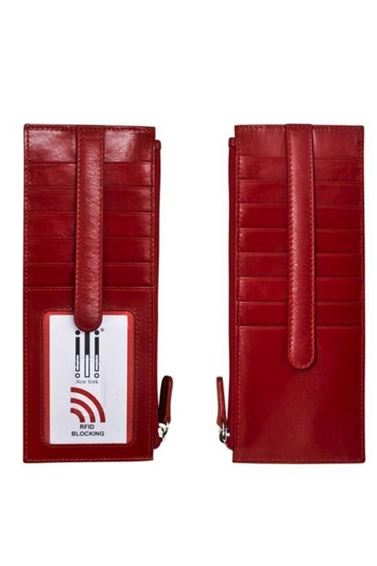 red Leather credit card holder that holds up to 14 cards with a snap closure