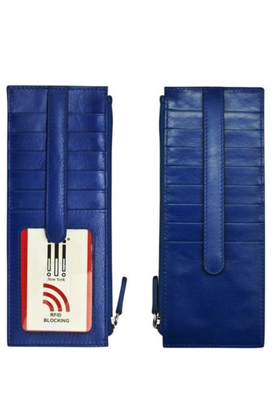 Cobalt blue Leather credit card holder that holds up to 14 cards with a snap closure