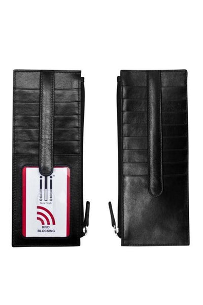 black Leather credit card holder that holds up to 14 cards with a snap closure