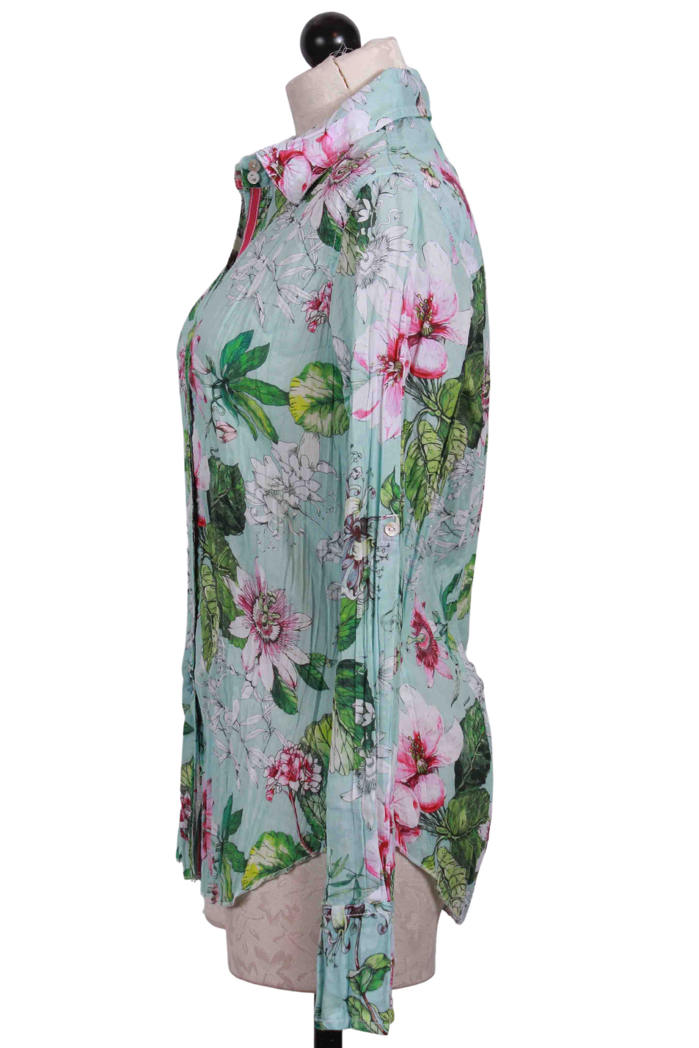 side view of Floral Crinkle Voile Manzanillo Blouse by Cino