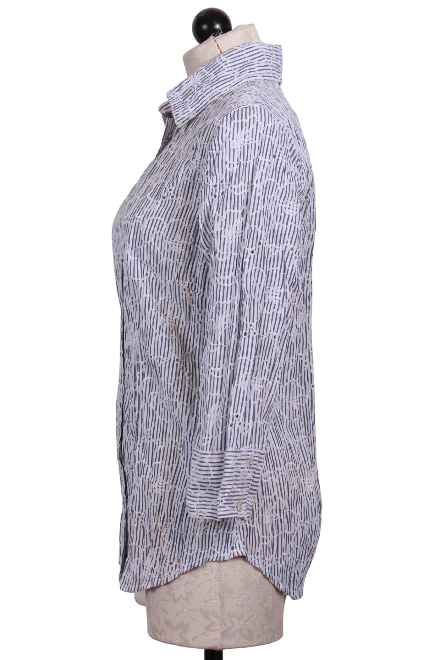 side view of blue and white Marseille Striped Embroidered Blouse by Cino