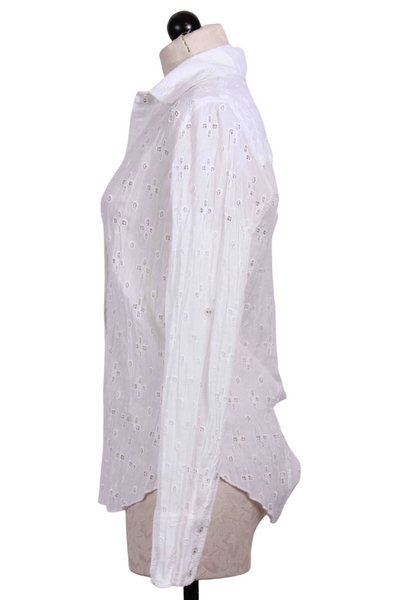 side view of White Eyelet Crinkle Voile Montecristo Blouse by Cino 