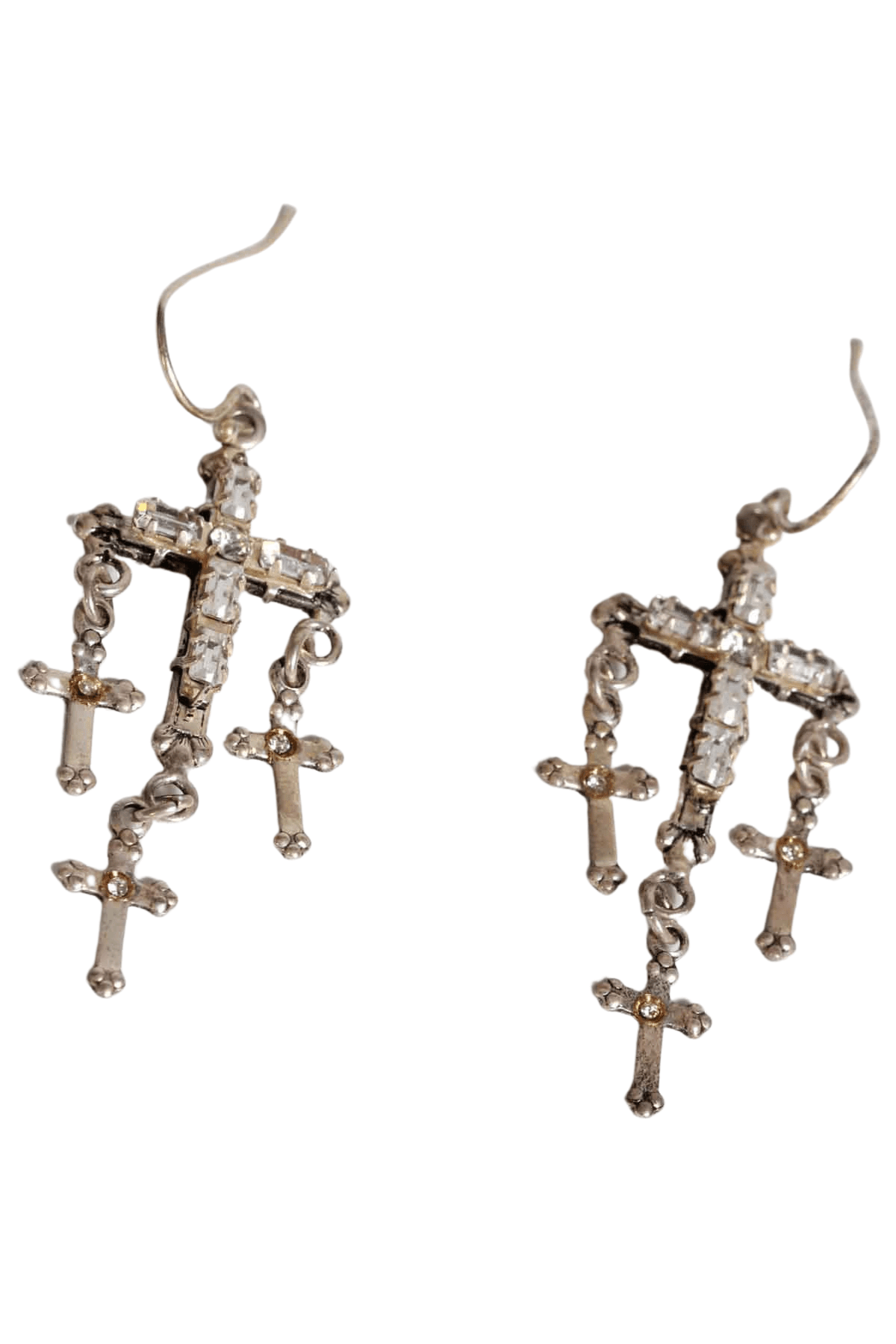 Silver clear faceted crystal encrusted cross earrings with 3 tiny crosses dangling on each end by Virgin Saints and Angels