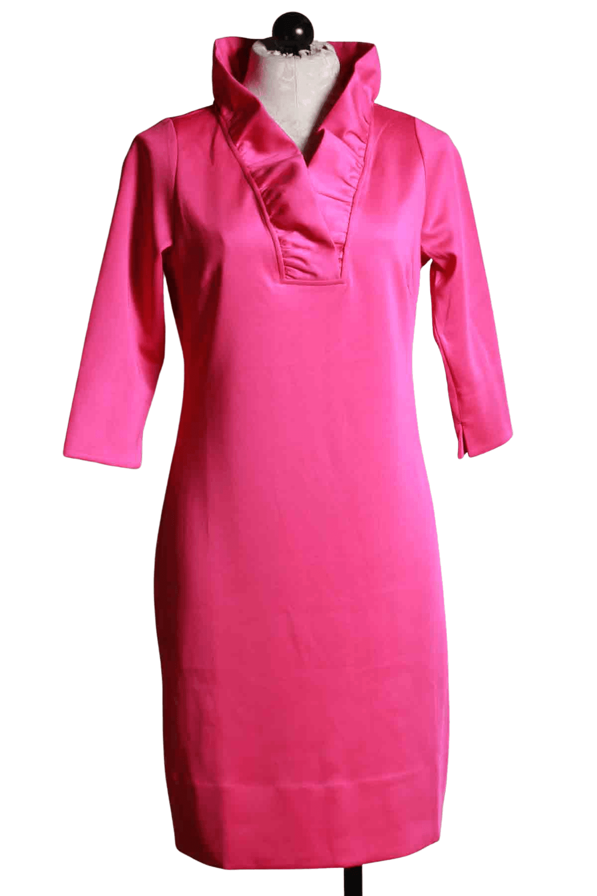 3/4 sleeve solid Fuschia dress has a stand up 2 1/2" ruffled V Neck collar