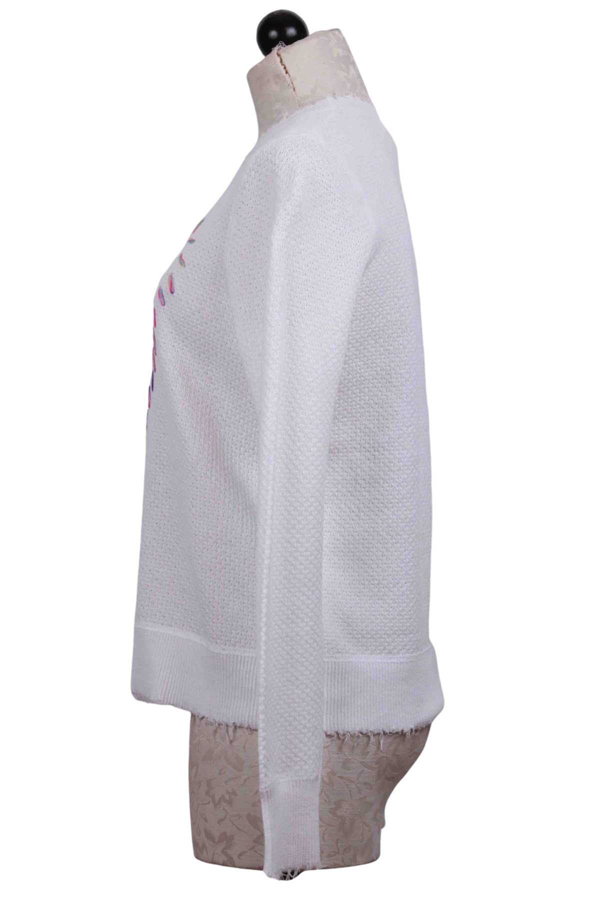 side view of White Love Craft Sweater by Lisa Todd