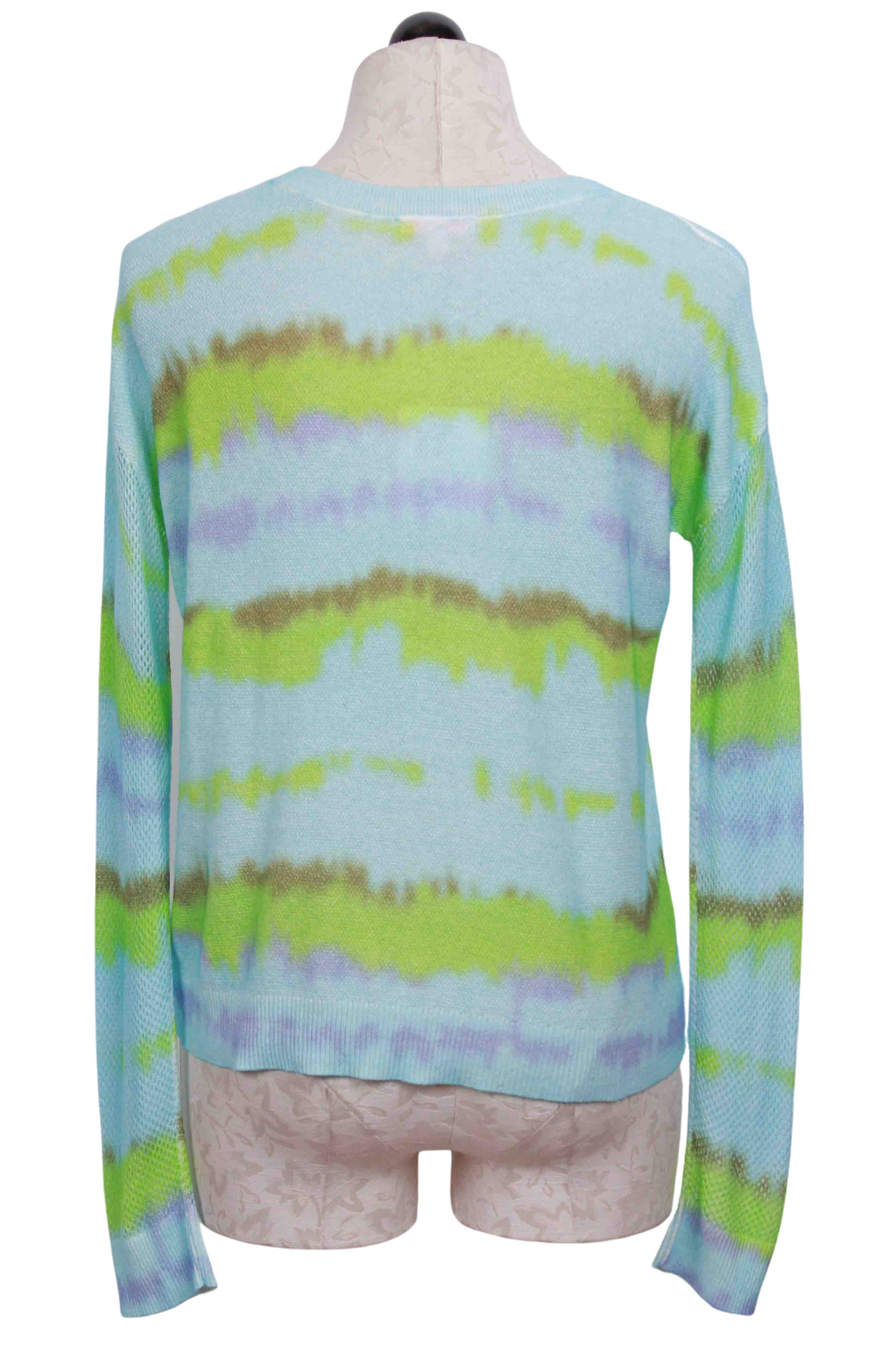 back view of Aqua Combo Color wavy stripe Rise Above Sweater by Lisa Todd