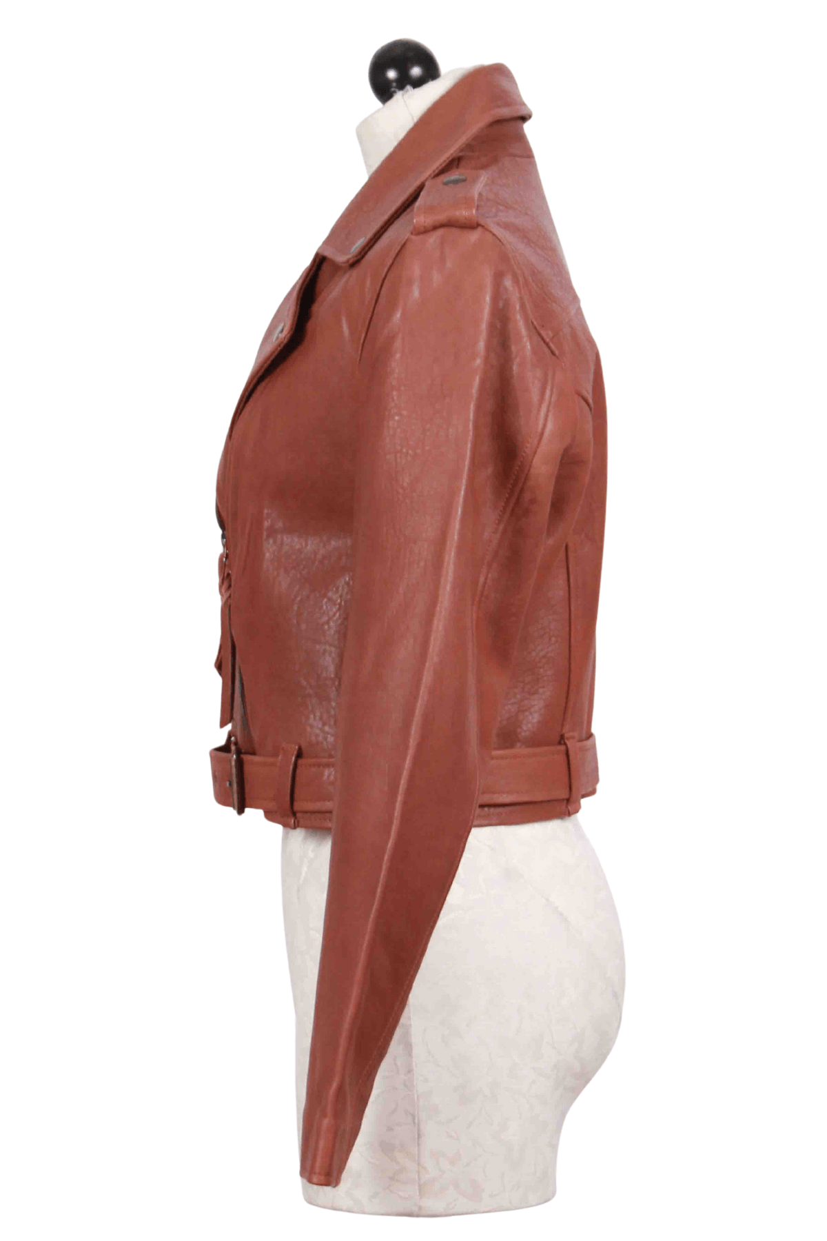 side view of Cognac Leather Jacket by Cleobella