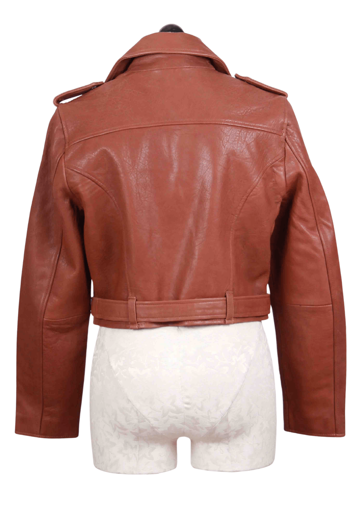 back view of Cognac Leather Jacket by Cleobella