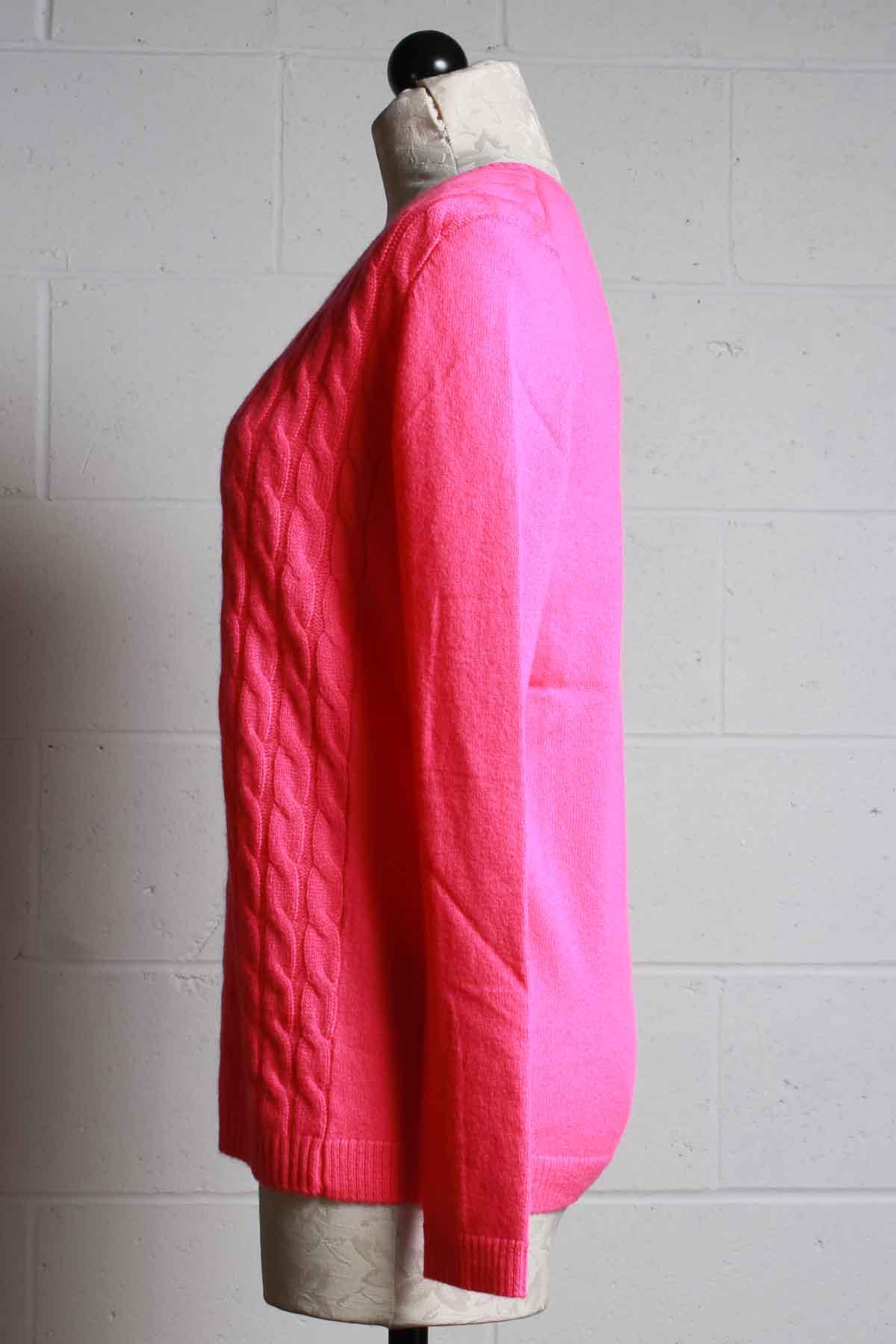 side view of Shocking Pink Classic Cable Crew Neck Sweater by Edinburgh Knitwear