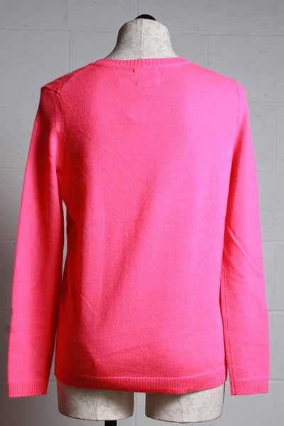 back view of Shocking Pink Classic Cable Crew Neck Sweater by Edinburgh Knitwear
