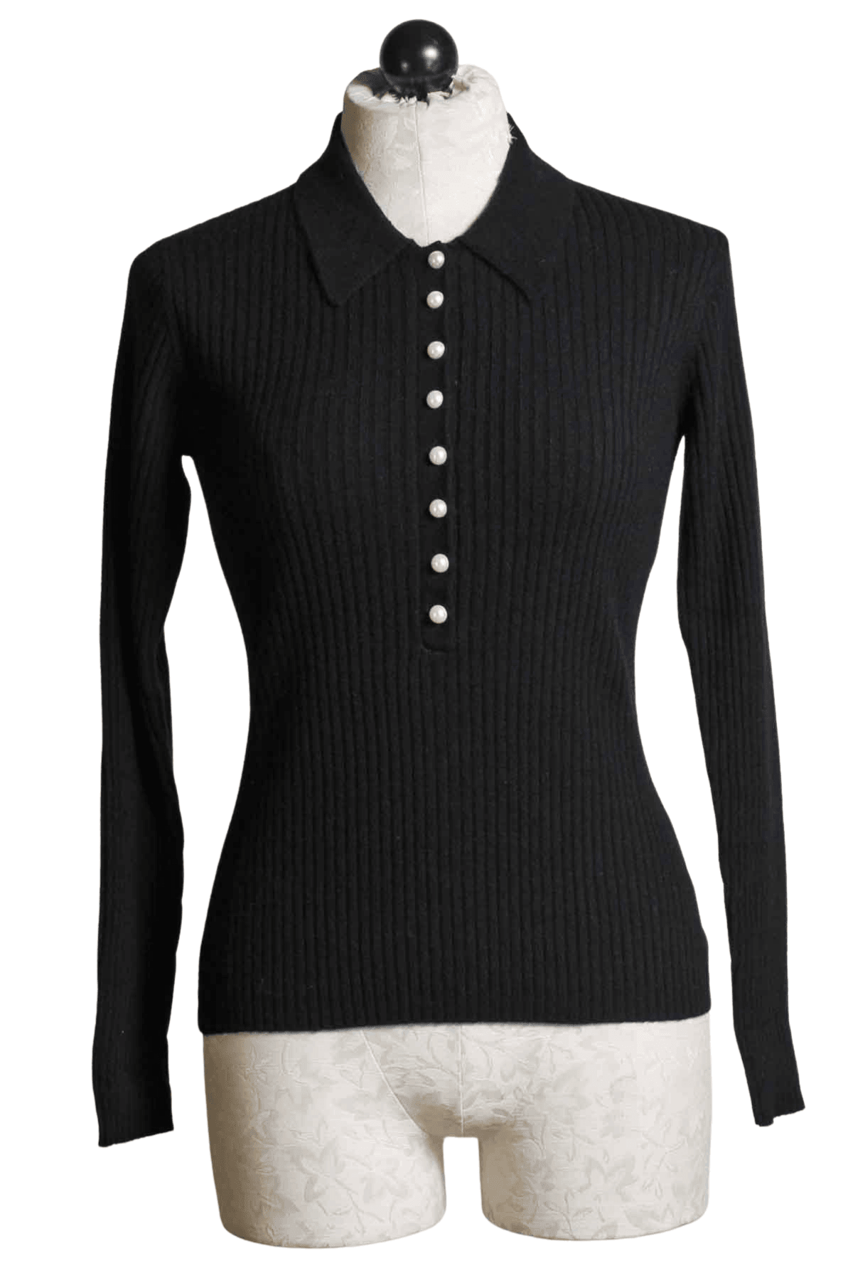Fine Ribbed Evie Polo Sweater by Generation Love in black with Pearl Buttons