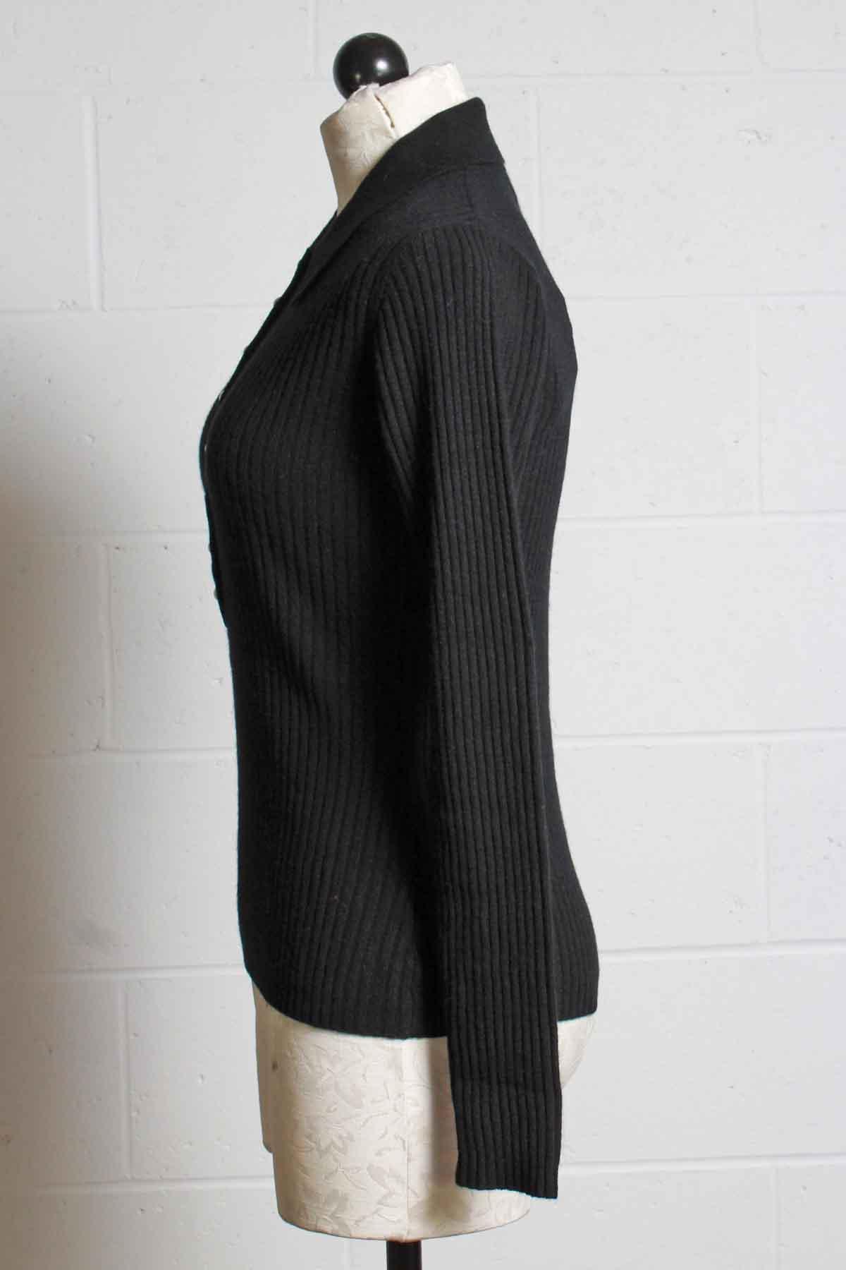 side view of Fine Ribbed Evie Polo Sweater by Generation Love in black with Pearl Buttons