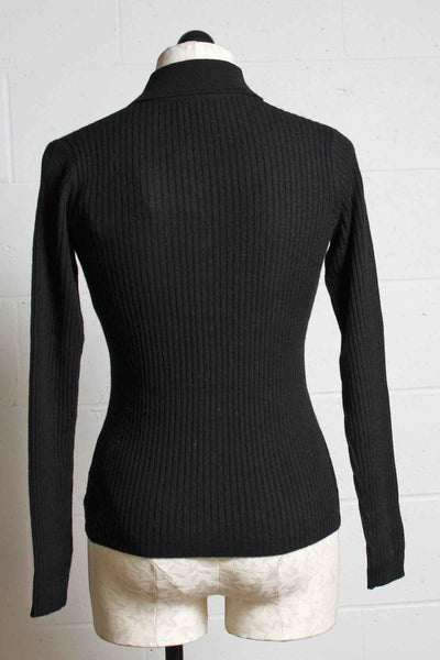 back view of Fine Ribbed Evie Polo Sweater by Generation Love in black with Pearl Buttons