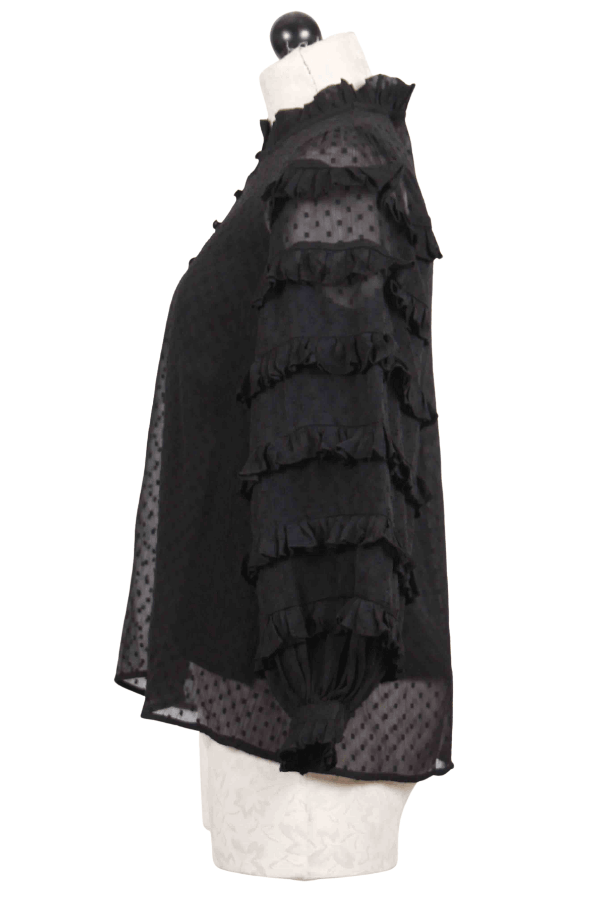 side view of black sleeve polka dot sheer Phoebe Blouse by Cleobella