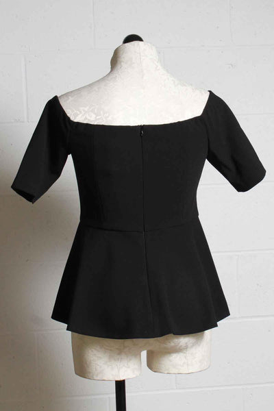 back view of black Elegant fitted Off the shoulder Forbid Top by Trina Turk with a peplum bottom