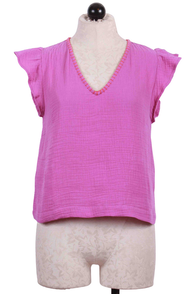 ChaChaCha Pink Flutterin' V Neck Ruffle Shoulder Top by Lisa Todd