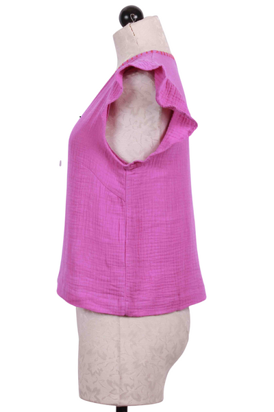 side view of ChaChaCha Pink Flutterin' V Neck Ruffle Shoulder Top by Lisa Todd