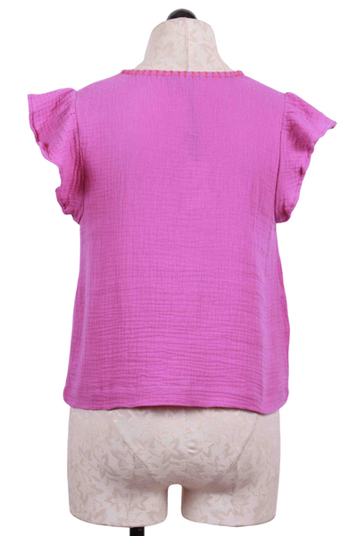 back view of ChaChaCha Pink Flutterin' V Neck Ruffle Shoulder Top by Lisa Todd