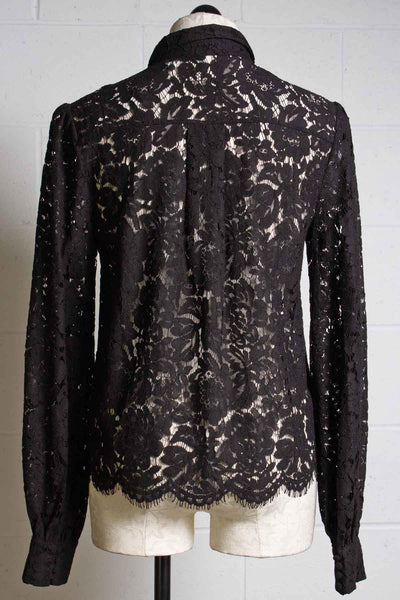 back view of black lace blouse by Generation Love with scalloped hemline